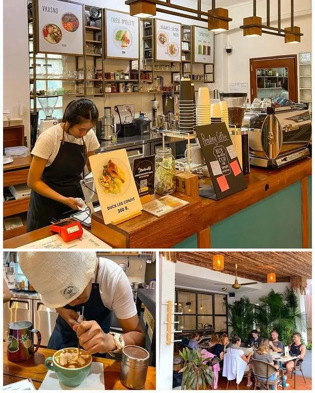 Dots Coffee counter, latte art, and seating