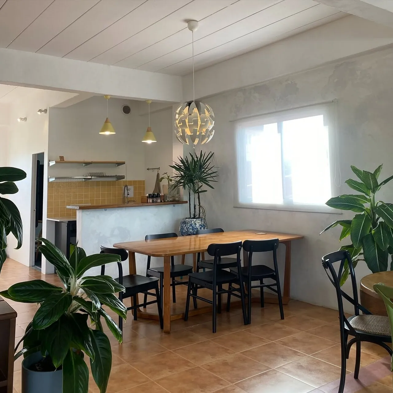 Large shared work table with chairs and plants at Dots Coffee