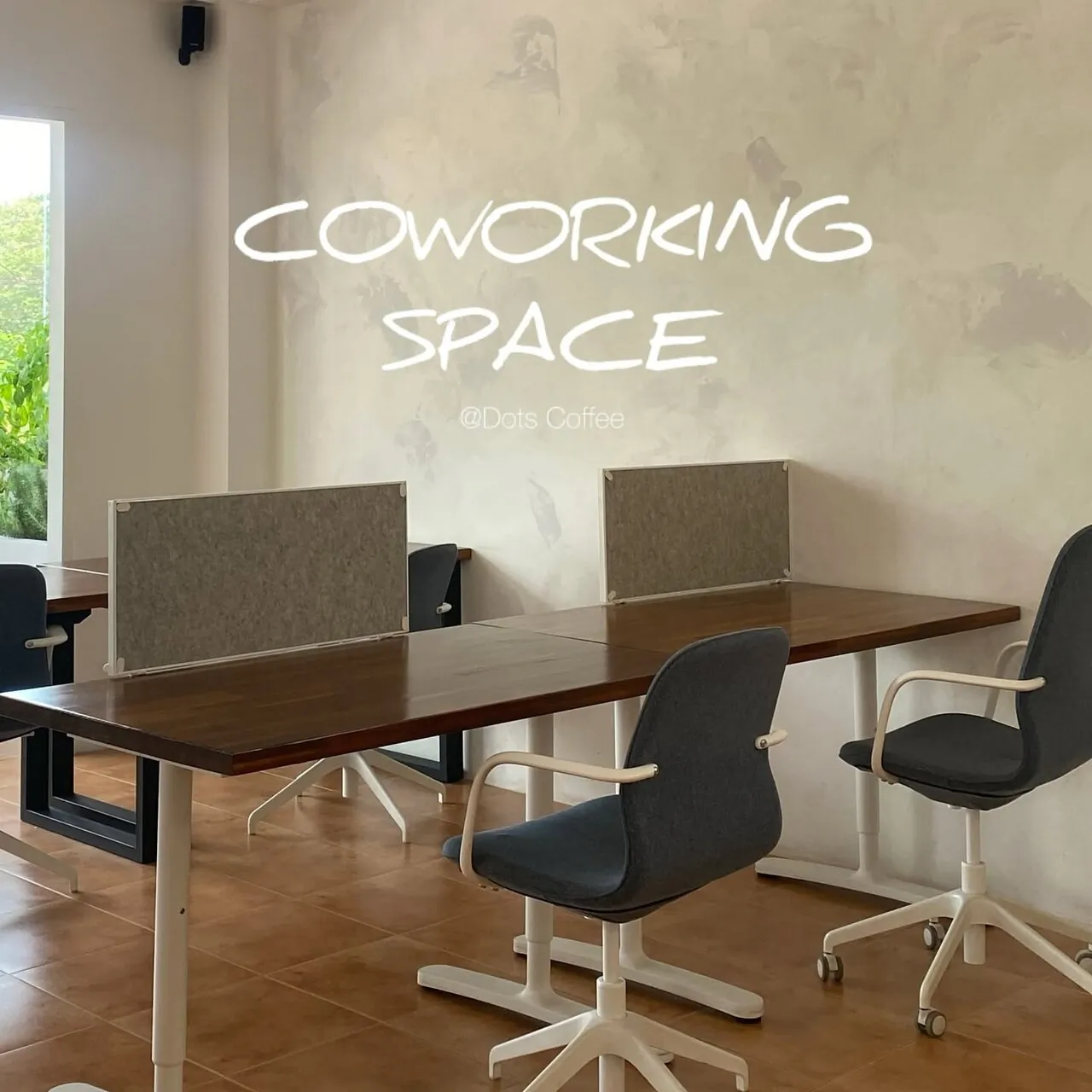 Dedicated desk seats with privacy screens in the coworking area