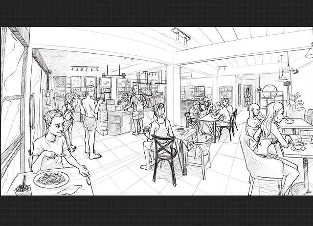 Dots Coffee interior sketch — guests dining and working